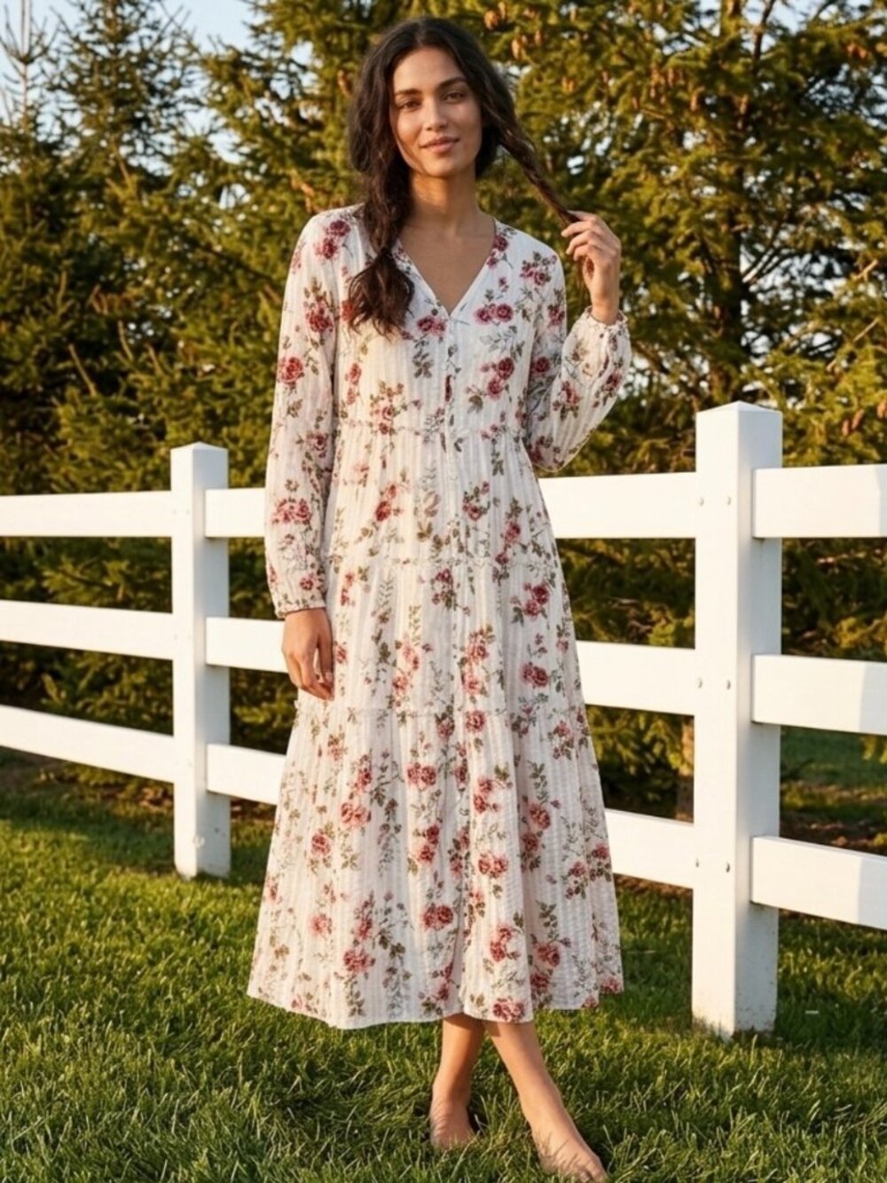 New VTG 90s Boho Cottage Button Front  Tiered Midi Dress M Ruffle Cotton Prairie